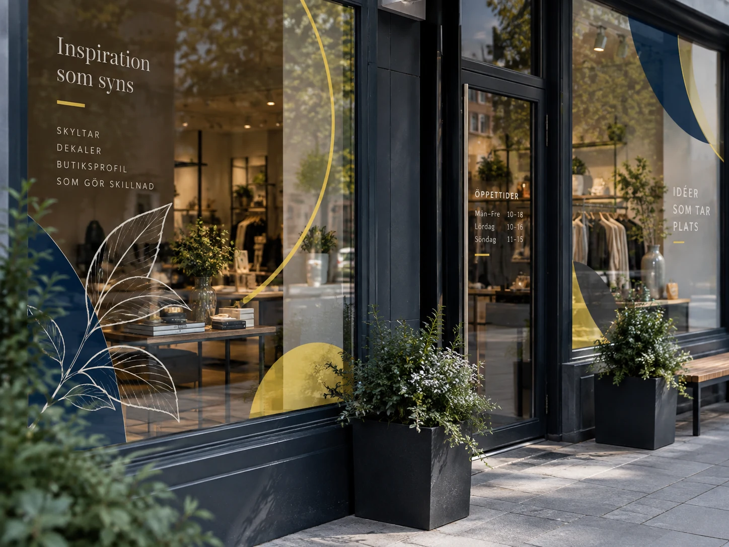 Butikfönster med modern fönsterdekor och butiksskyltning