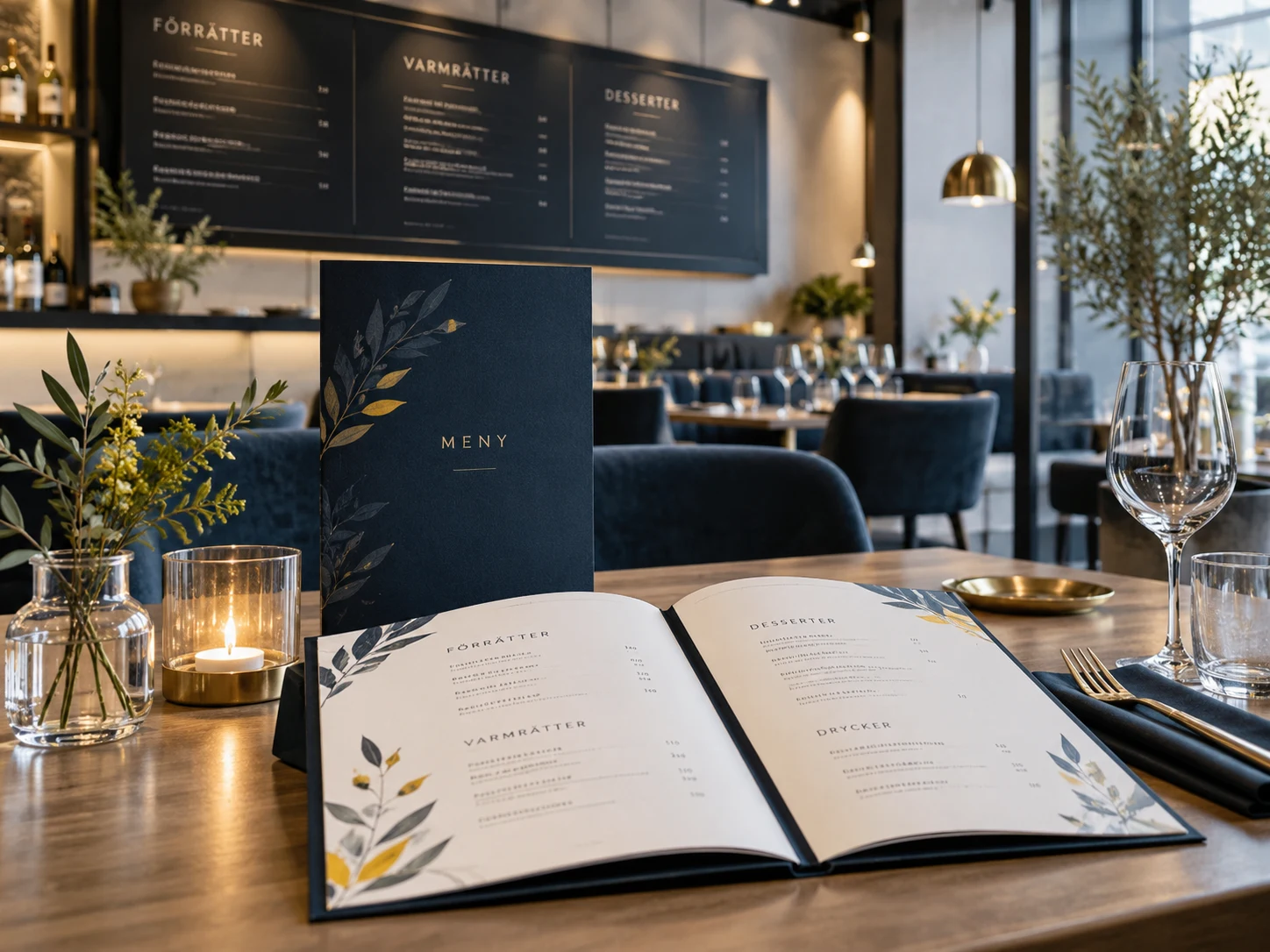 Restaurangmenyer i elegant restaurangmiljö