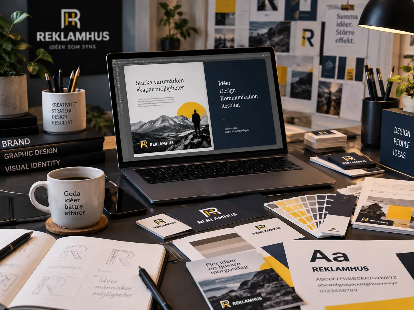 Grafisk designstudio med varumärkesprofil och tryckoriginal