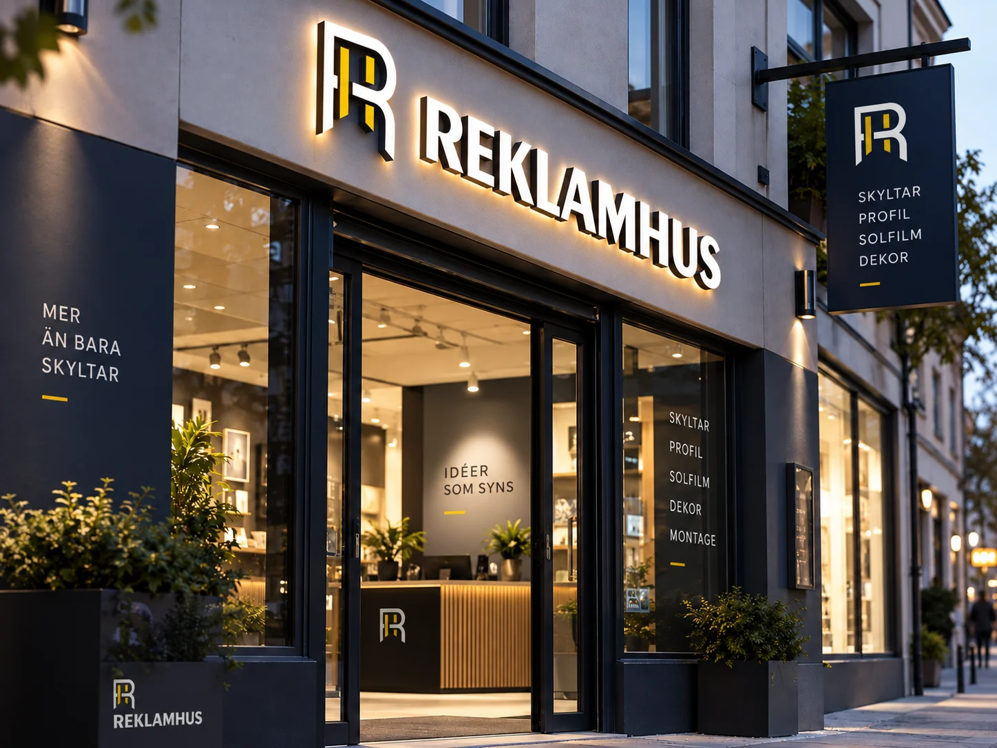 Modern fasadskyltning och ljusskylt för företag